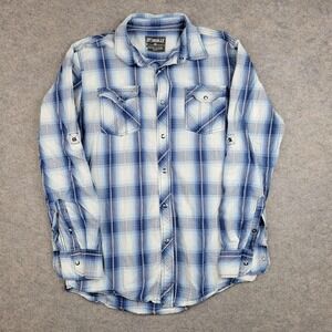 Skully Shirt Mens Medium Blue Plaid Lightweight Snap Front Long Sleeve Casual